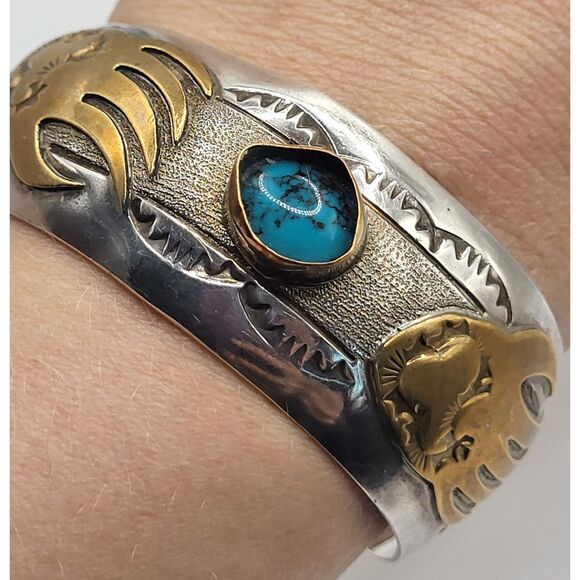 12K GF Native American Turquoise Bear Paw Sterling Bracelet Bangle 38g 2.5in dia - Picture 4 of 5